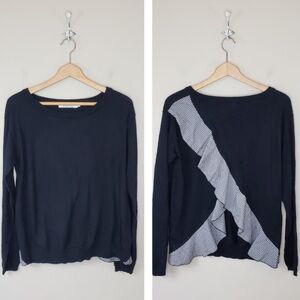 Evereve Stitches & Stripes Gingham Ruffle Back Sweater Sz L